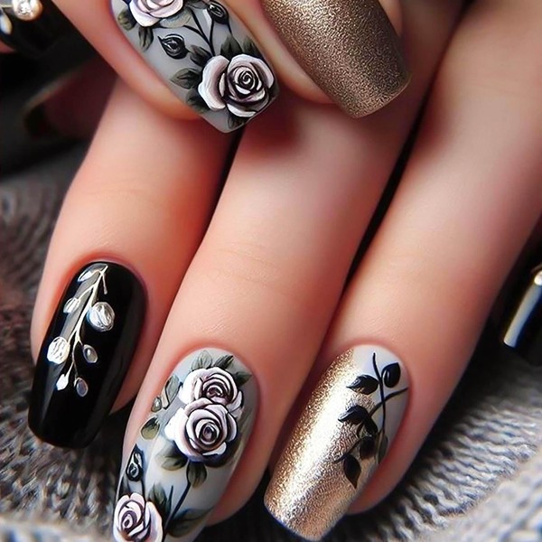 RUOKEXIN Medium Press on Nails Coffin Fake Nails Gold Glitter