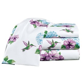 Collections Etc Humming Bird Floral 4-Piece White Sheet Set