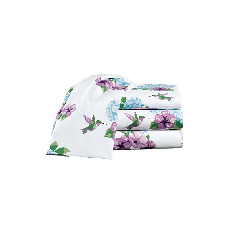 Collections Etc Humming Bird Floral 4-Piece White Sheet Set