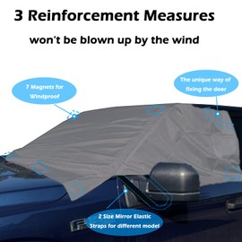 Big Hippo Windshield Snow Cover, Extra Large 600D Windscreen Cover for Ice and Snow, Waterproof Thicken Windshield Cover Protector for Pickup Truck, Mirror Covers with Reflective Warning Bar, Gray