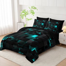 Nttopship Geometric Turquoise Black King Comforter Set,Light Honeycomb Bedding Set 7 Piece in A Bag,Bed Sheet Set Geometry Decor,Microfiber Lightweight All Season