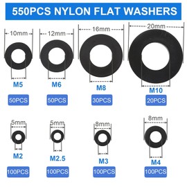 Toolly 550PCS Nylon Flat Washers for Screws Black Washers Round Assorted Washers Multiple Size Classification Kit Box M2 M2.5 M3 M4 M5 M6 M8 M10