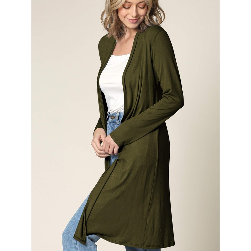LL WSK1048 Women's Solid Casual Long Sleeve Open Front Long