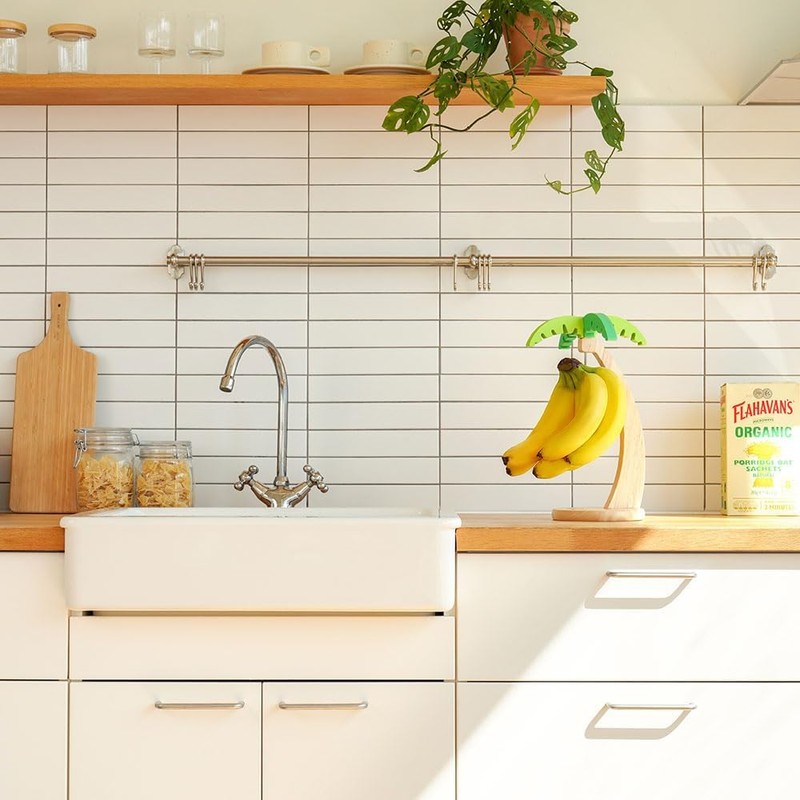 Wooden Banana Holder Stand with Hook & Palm Leaf Accent