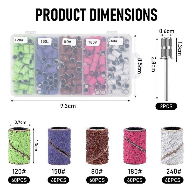300Pcs Sanding Bands for Nail Drill, 80#120#150#180#240#Grit Sanding Bands with