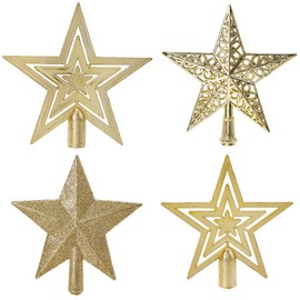 CREATCABIN 4Pcs 4 Styles Star Plastic Christmas Tree Topper 3D Star Topper Ornaments Decorations Hollow with Golden Snowflake Projector for Christmas Tree Party Decoration Display 5.19x6.69 Inch