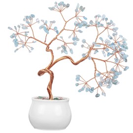 Amogeeli Healing Aquamarine Crystal Copper Money Tree with Ceramic Pot, Handmade Stone Bonsai Luck Tree for Fengshui Home Desk Decor