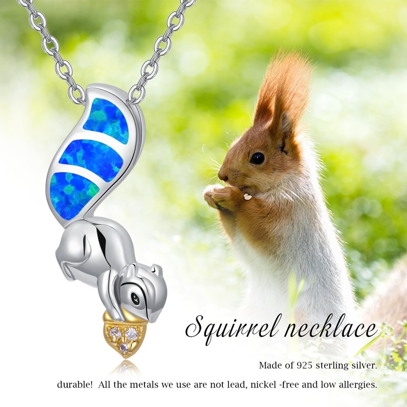 Midir&Etain Squirrel Necklace 925 Sterling Silver Blue Opal Acorn Pendant