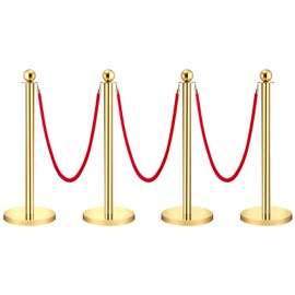 Velvet Ropes and Posts 4pcs, Solid Base 5 ft Red Velvet Rope Crowd Control Barriers Gold Stanchions Post with Ball Top, Red Carpet Poles for Red Carpet, Parties, Wedding, Exhibition