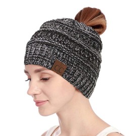 Urieo Winter Knit Beanie Hat Soft Warm Thick Knitted Ski Cap Black Cuffed Beanie Hat Wool Slouchy Skull Cap for Women and Girls