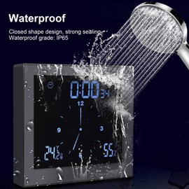 Shower Clock with Suction Cup, IP65 Waterproof Temperature and Humidity Upper and Lower Limit Alarm, Digital Bathroom Shower Kitchen Clock Timer with Alarm, Bathroom Clock 3.5x10.5x11.5 cm(black)