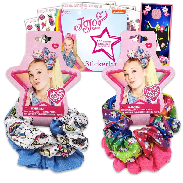Jojo Siwa Scrunchies for Girls Hair Party Favors ~ 4 Pack Jojo Siwa Hair Accessories with Bonus Stickers (Jojo Siwa Party Supplies Bundle)