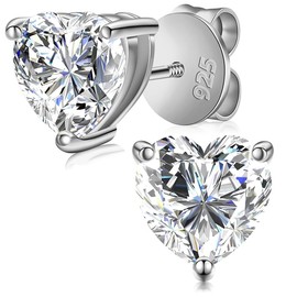 SOMEDA® 925 Sterling Silver Heart Stud Earrings, Moissanite Diamond Replacement, Jewellery for Men and Women, Unisex, Various Sizes, Silver