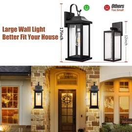 Roravilila 2-Pack 17 Inch Large Outdoor Light Fixtures, Exterior Matte Black Wall Sconces IP65 Waterproof Anti-Rust, Porch Lights with Clear Glass Outside Modern Wall Lanterns E26 Bulb Base