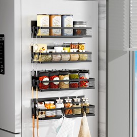 Umomi Magnetic Spice Rack for Refrigerator, 4 Pack Magnetic Shelf for Refrigerator,Moveable Fridge Magnetic Spice Racks with 10-Hook Rack for Kitchen Organizers and Storage