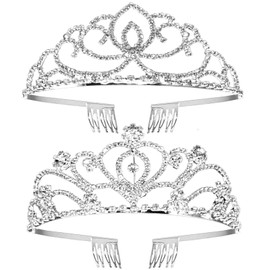 VEGCOO Crystal Rhinestone Bridal Tiara 2 pack, Elegant Wedding Crown for Women Flower Girls, Birthday Headpiece Princess Crowns Hair Accessories with Comb (Silver1)