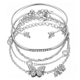 Caiyao 14K Gold Bohemian Layered Stacking Link Chain Butterfly Pendant Honeycomb Bangle Set Rhinestone Bead Bracelet Stackable Animal Cuff Jewelry for Women-silver