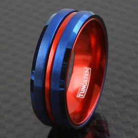 Super 6mm/8mm Brushed Finish Royal Blue Tungsten Carbide Band Ring w/Bright Red Stripe, Beveled Edges, & Red Anodized Aluminum Comfort Fit Inner Band. (Tungsten (8mm), 9.5)