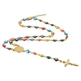 Flongo Evil Eye Rosary Necklace: Y Necklace with Cross Pendant Gold Evil Eye Colourful Stainless Steel Rosary Virgin Mary Catholic Religious Chain Women Men Catholicism Virgin Mary, Stainless Steel