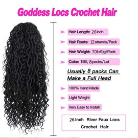 FFDDear Goddess Locs Crochet Hair 26 Inch 8 Packs Synthetic Boho Curly Ends Pre-Looped Crochet Hair Extensions Natural Black for Women(#1B)