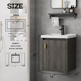 ESMISMO 16'' Bathroom Vanity with Sink Combo, Wall Mounted Small Bathroom Vanity with Soft-Close Door Modern Floating Cabinet, Pop-up Drain, P-Trap Included, GreyWalnut(No Faucet)