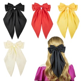 JGQUR Women’s Satin Hair Clips 4-Pack - Long Tail Bow Barrettes in Black Beige Red Yellow - Versatile Hair Accessories for Casual and Everyday Use