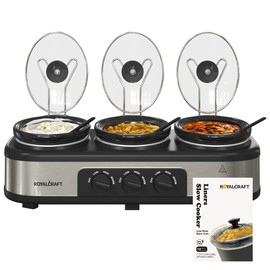 Sunvivi Triple Slow Cooker Buffet Server with 10 Cooking Liners, Adjustable Temperature Settings, for Parties, Holidays and Entertaining, Dishwasher Safe, Total 4.5 QT Silver
