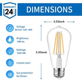 12V Edison Bulb 6W E26 12V LED Bulb 3000K 60W Equivalent, AC/DC 12V 24V Low Voltage LED Light Bulb for RV Camper Marine, Off Grid Cabin, 4 Pack