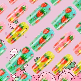 24Pcs Fruit Press on Nails Strawberry Acrylic Full Cover Fake Nails Glossy Muliticolor False Nail Medium Square Green Leaves Stick on Nail Pink Gel Glue on Fingernails for Holiday Manicure Art