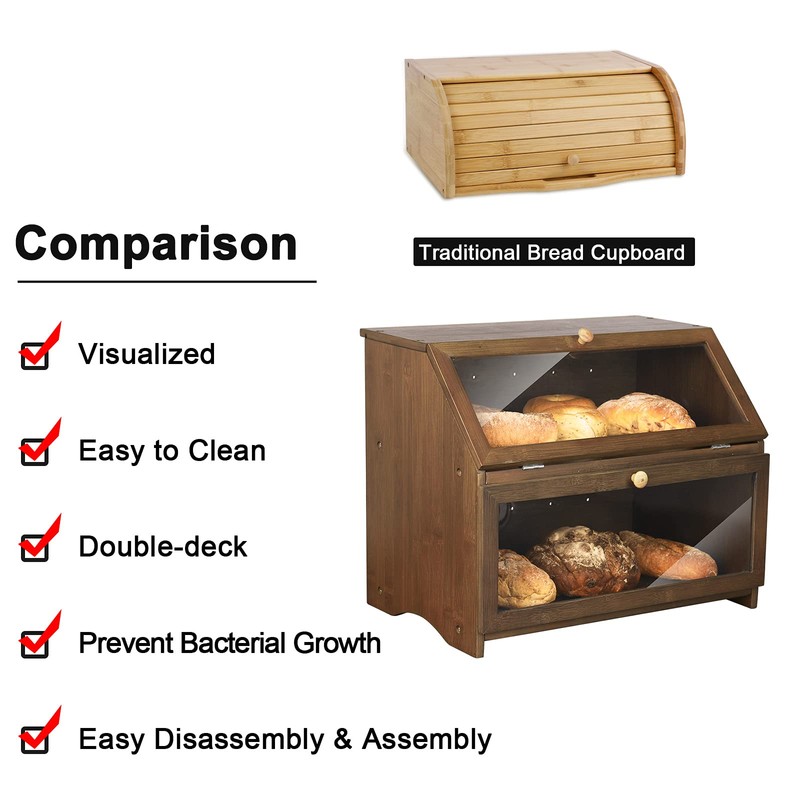 HOMEKOKO Double Layer Large Bread Box for Kitchen Counter, Wooden
