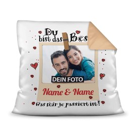 Cushion with Filling with Saying "Du bist das Beste (Du bist das Beste - zum SelbstGestalten [German Language] with Desired Photo and Two Names, Beige Back, 40 x 40 cm