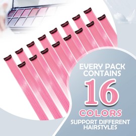 HappClan Hot Pink Hair Extensions, 16 Pcs Deep Pink Clip in Hair Extensions Synthetic, 22 inch Rainbow Highlight Hairpieces for Girls Women Kids Favor Gift & Party Birthday (Cherry Pink)