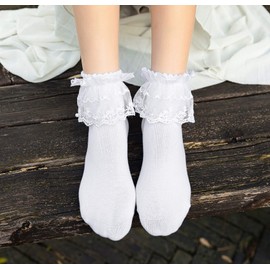 SEMOHOLLI Women Ankle Socks,Pearl Lace Ruffle Frilly Comfortable No-Show Cotton Socks Princess Socks Lace Socks