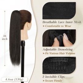 BARSDAR Dark Brown Ponytail Extension - 16 Inch Short Straight Drawstring Ponytail Hair Extensions for Women, Soft Synthetic Clip in Pony Tails Hairpieces Fake Ponytail Daily - Dark Brown