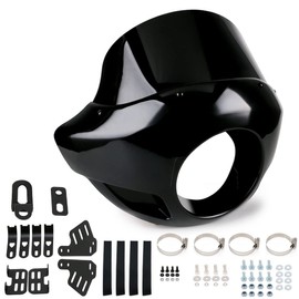 PACEWALKER Motorcycle 9" Tall Fairing Touring Sport Windshield Club Style Kit Blackout 5.75" Headlight Fairing Windshield for Super Glide T-Sport FXDXT, FXR Short Style (Gloss Black)