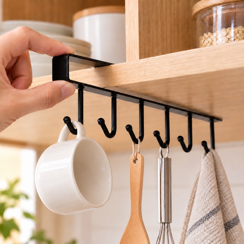 6-Hook Under-Shelf Mug Holder for Kitchen Storage – Slide-On Stainless