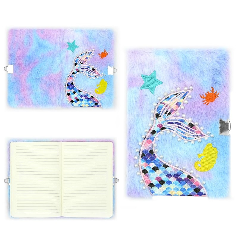 A5 Plush Mermaid Notebook,Mermaid Diary Glitter Journal Hardcover Lined Portable