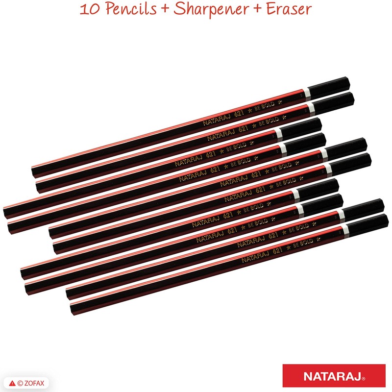 NATARAJ Ultimate Quality - 10 Hexagonal Wooden Pencils Eraser Sharpener