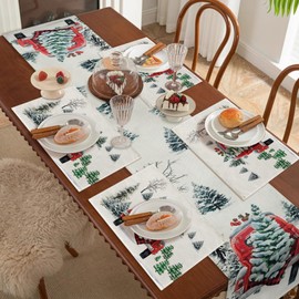 Fycyko Christmas Table Runner and Four Placemats, Christmas Tree Table Runner, Winter Table Decoration, Christmas, Washable Place Mat for Christmas, Party, Birthday