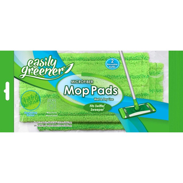 Swiffer Sweeper Compatible, Microfiber Mop Pads by Easily Greener, Reusable Refills for Wet and Dry Use, 2 Count