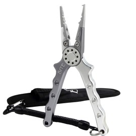 BITE Fishing Tackle Professional Fishing Pliers Saltwater/Freshwater Fishing Line Cutters Hook Remover with Sheath and Lanyard Gray Silver