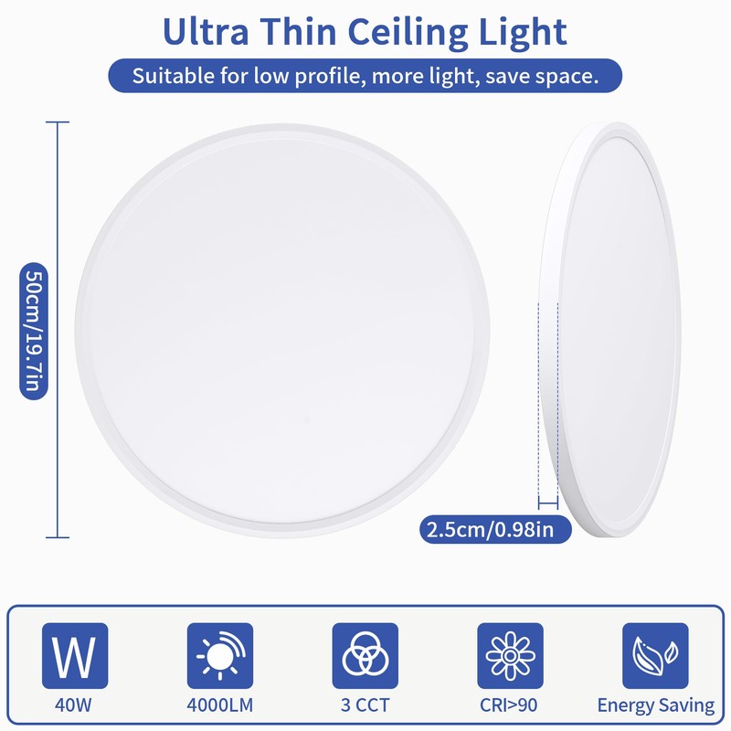 UprizeP 20inch Led Ceiling Light, Ultra Thin Dimmable Flush Mount