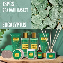 Gift Baskets for her, Spa Gifts for Women-13pcs Eucalyptus At Home Spa Kit with Body Salt, Bubble Bath. Relaxing Bath Sets for Women Gift, Birthday Gifts for Women, Mothers Day Gifts for Mom