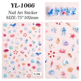 5D Embossed Summer Nail Stickers Jellyfish Seashell Starfish Conches Ocean Nail Decals Engraved Nails Supplies Tropical Beach Self-Adhesive Nail Art Sticker for Women Girls Fingernail Decorations