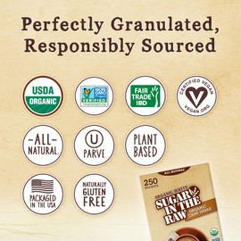 Sugar In The Raw Organic Granulated White Premium Cane Sugar, No Added Flavors or erythritol, Pure Natural Sweetener, Hot & Cold Drinks, Coffee, Tea, Vegan, Gluten-Free, Non-GMO, Bulk Sugar, 250 ct packets (2-Pack)