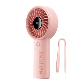 JISULIFE Handheld Portable Fan with Powerful Motor,LED Display,5000mAh Battery,5 Wind Speeds,Lanyard; Summer Essentials USB Rechargeable Hand held Fan for Travel,Beach,Makeup,Concerts-Pink