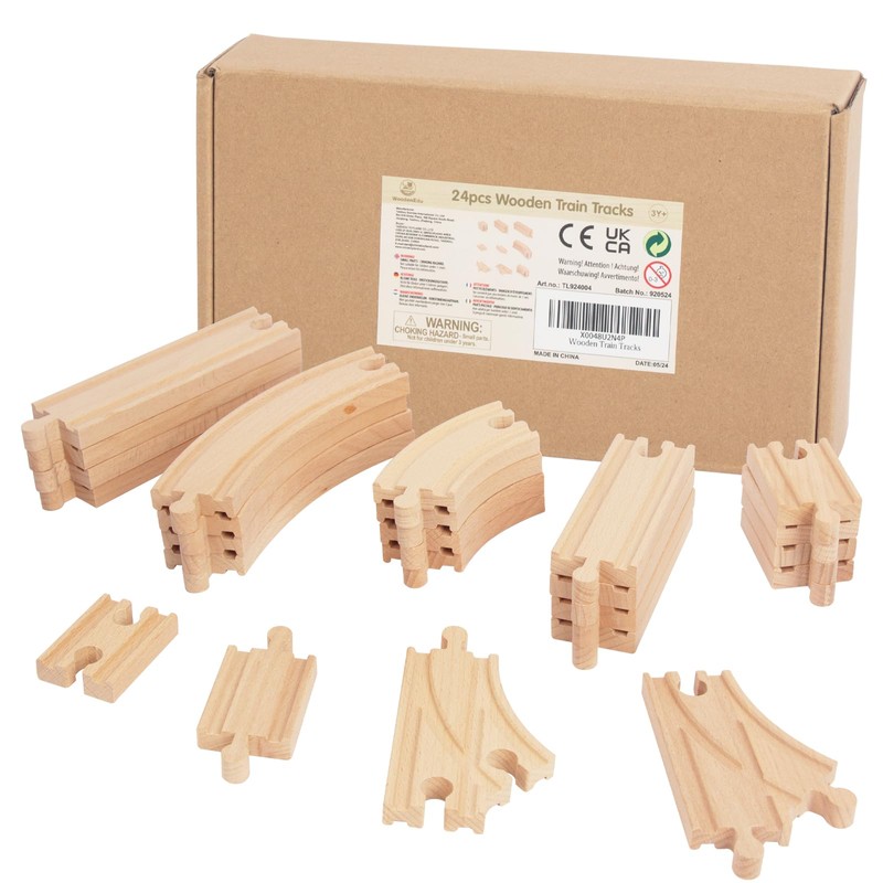 Wooden Train Tracks 24 Piece Set, Track Expansion and 9