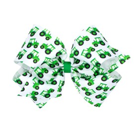 Wee Ones Girls' Grosgrain Farm-themed Print Hair Bow, Handmade, King, Green Tractor