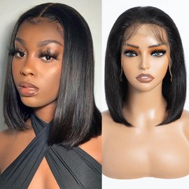 DÉBUT Straight Bob Wigs Human Hair 13X4 Lace Front Bob Wig Human Hair Pre Plucked with Baby Hair 180% Density Glueless Wigs for Women(12 Inches, Natuarl Black)