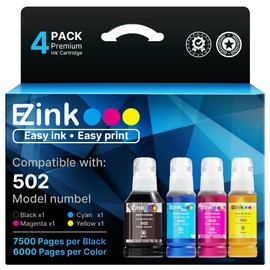 E-Z Ink Refill Ink Bottle Replacement Compatible for Epson 502 T502 522 T522 High Yield to use with ET-4760,ET-3760,ET-2760,ET-3710,ET-2750,ET-3700 Printer (Black, Cyan, Magenta, Yellow, 4 Pack)